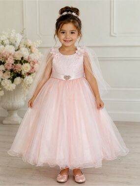 Girls' 4 Y Pink Flower Applique Tulle Formal Dress Flowergirl Wedding